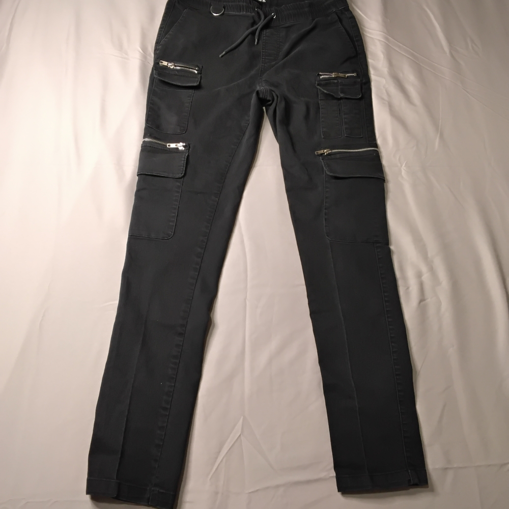Hot Topic Cargo Jeans Mens Sz S Black Waistband Pants Zippers Techwear Goth.